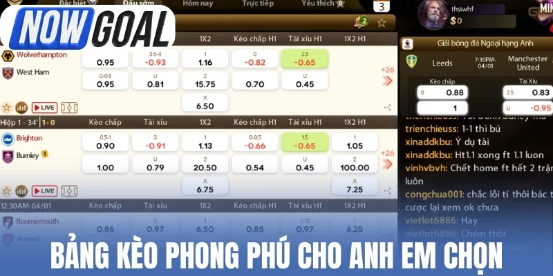Bảng kèo phong phú cho anh em chọn