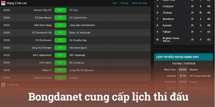 Lịch thi đấu của website